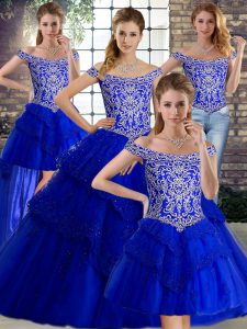 Artistic Lace Up Sweet 16 Dress Royal Blue for Military Ball and Sweet 16 and Quinceanera with Beading and Lace Brush Train