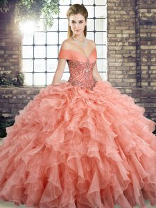 Peach Sleeveless Organza Brush Train Lace Up Sweet 16 Dresses for Military Ball and Sweet 16 and Quinceanera
