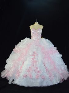 Floor Length Pink And White Quince Ball Gowns Sweetheart Sleeveless Lace Up