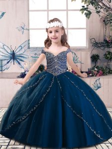 Navy Blue Sleeveless Floor Length Beading Lace Up Pageant Dress Toddler