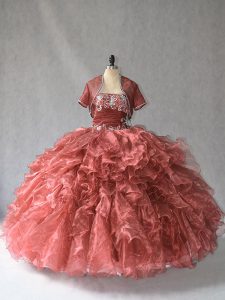 Red Lace Up Strapless Sleeveless Floor Length Vestidos de Quinceanera Beading and Ruffles