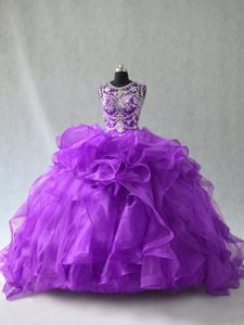 Discount Purple Ball Gowns Beading and Ruffles Ball Gown Prom Dress Lace Up Organza Sleeveless Floor Length