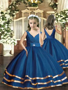 Navy Blue Ball Gowns V-neck Sleeveless Organza Floor Length Backless Beading Little Girl Pageant Gowns