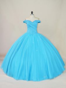 High Class Off The Shoulder Sleeveless Quinceanera Gowns Floor Length Beading Blue Tulle