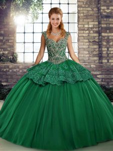 Luxury Green Lace Up Straps Beading and Appliques Ball Gown Prom Dress Tulle Sleeveless