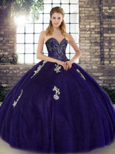 Artistic Sleeveless Floor Length Beading and Appliques Lace Up Vestidos de Quinceanera with Purple