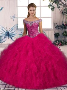 Off The Shoulder Sleeveless Tulle Quince Ball Gowns Beading and Ruffles Brush Train Lace Up