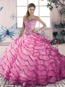 High End Pink Quinceanera Dresses Sweet 16 with Beading and Ruffles Sweetheart Sleeveless Lace Up