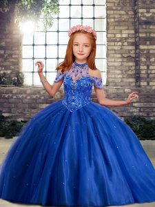 Royal Blue Lace Up Pageant Dress for Girls Beading and Ruffles Sleeveless Floor Length