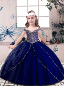 Affordable Blue Ball Gowns Beading Little Girl Pageant Dress Lace Up Tulle Sleeveless Floor Length