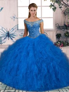 Ball Gowns 15th Birthday Dress Blue Off The Shoulder Tulle Sleeveless Lace Up