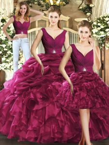 Burgundy Ball Gowns Ruffles and Pick Ups Sweet 16 Quinceanera Dress Backless Organza Sleeveless Floor Length