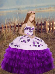 Embroidery and Ruffled Layers Little Girls Pageant Dress Wholesale Eggplant Purple Lace Up Sleeveless Floor Length
