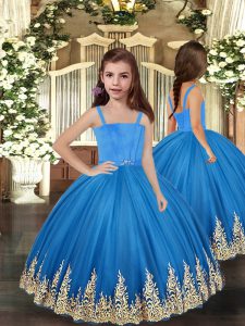 Floor Length Baby Blue Girls Pageant Dresses Tulle Sleeveless Embroidery