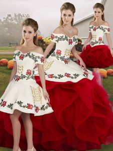 Amazing White And Red Sleeveless Tulle Lace Up Quinceanera Dress for Military Ball and Sweet 16 and Quinceanera