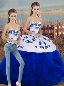 Fashionable Royal Blue Lace Up Sweetheart Embroidery and Ruffles and Bowknot Quince Ball Gowns Tulle Sleeveless