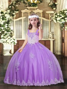 Perfect Sleeveless Tulle Floor Length Lace Up Little Girl Pageant Dress in Lavender with Appliques