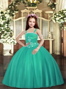 Enchanting Straps Sleeveless Lace Up Little Girl Pageant Gowns Turquoise Tulle