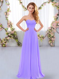 Captivating Ruching Vestidos de Damas Lavender Lace Up Sleeveless Floor Length