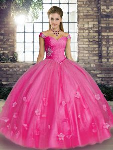 High Class Rose Pink Ball Gowns Beading and Appliques Vestidos de Quinceanera Lace Up Tulle Sleeveless Floor Length