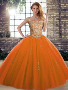 Modest Orange Red Tulle Lace Up Off The Shoulder Sleeveless Floor Length Sweet 16 Dress Beading