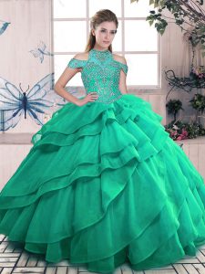 Luxurious Beading and Ruffles Quinceanera Dress Turquoise Lace Up Sleeveless Floor Length