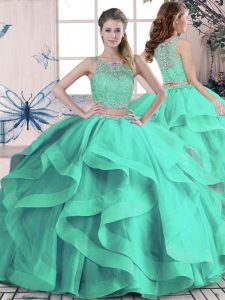Dazzling Floor Length Turquoise Quinceanera Dresses Tulle Sleeveless Beading and Ruffles