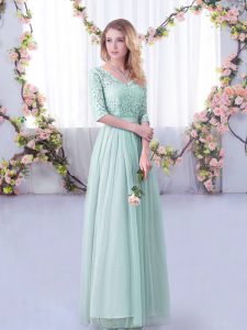 Stylish Floor Length Side Zipper Vestidos de Damas Light Blue for Wedding Party with Lace and Belt