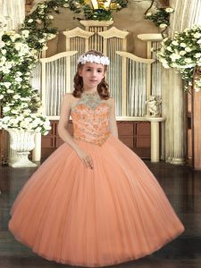 Fancy Peach Pageant Gowns For Girls For with Beading Halter Top Sleeveless Lace Up