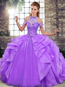 Best Selling Lavender Halter Top Neckline Beading and Ruffles Sweet 16 Quinceanera Dress Sleeveless Lace Up