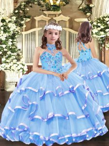Lovely Sleeveless Organza Floor Length Lace Up Kids Pageant Dress in Baby Blue with Appliques and Ruffled Layers