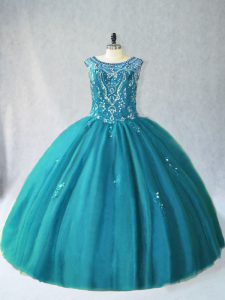 Fabulous Sleeveless Floor Length Beading Lace Up 15th Birthday Dress with Teal