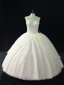 Edgy White Sleeveless Floor Length Beading Lace Up Sweet 16 Dresses