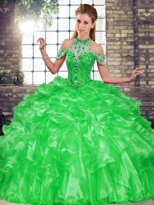 Beauteous Halter Top Sleeveless Lace Up Quinceanera Gowns Green Organza