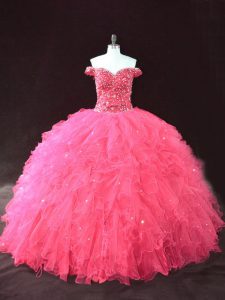 Custom Fit Floor Length Lace Up 15th Birthday Dress Hot Pink for Sweet 16 and Quinceanera with Beading and Ruffles