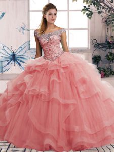 Watermelon Red Lace Up Off The Shoulder Beading and Ruffles Sweet 16 Dresses Tulle Sleeveless