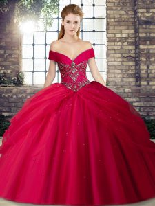 Brush Train Ball Gowns Vestidos de Quinceanera Red Off The Shoulder Tulle Sleeveless Lace Up