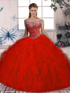 Sophisticated Red Ball Gowns Tulle Off The Shoulder Sleeveless Beading and Ruffles Lace Up Quinceanera Dress Brush Train