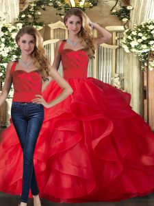 Red Two Pieces Halter Top Sleeveless Tulle Floor Length Lace Up Ruffles Quinceanera Dress