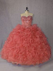 Fashion Sleeveless Beading and Ruffles Lace Up 15th Birthday Dress with Orange Brush Train