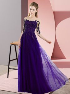 Purple Vestidos de Damas Wedding Party with Beading and Lace Bateau Half Sleeves Lace Up