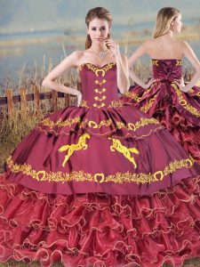 Affordable Lace Up Quinceanera Dresses Burgundy for Sweet 16 and Quinceanera with Embroidery and Ruffled Layers Brush Train