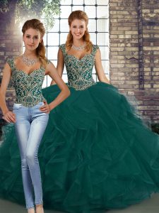 Flare Tulle Sleeveless Floor Length Quinceanera Gowns and Beading and Ruffles