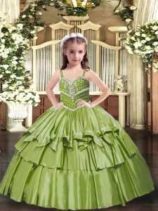 High Class Taffeta Sleeveless Floor Length Little Girl Pageant Gowns and Beading and Ruffled Layers