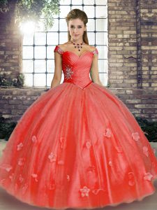 Free and Easy Watermelon Red Sleeveless Beading and Appliques Floor Length Quinceanera Gown