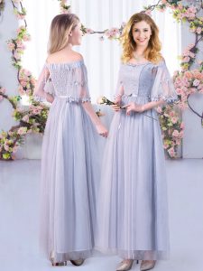 Hot Sale Grey Tulle Side Zipper Off The Shoulder Half Sleeves Floor Length Quinceanera Court of Honor Dress Lace and Belt