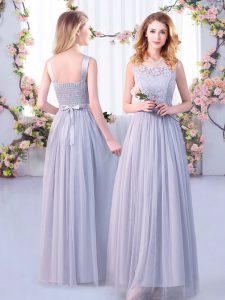 Simple Grey Quinceanera Court Dresses Wedding Party with Lace and Belt Scoop Sleeveless Side Zipper