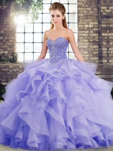 Lavender Sweetheart Lace Up Beading and Ruffles Sweet 16 Quinceanera Dress Brush Train Sleeveless