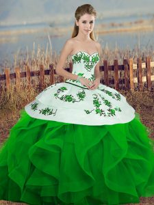 Sleeveless Tulle Floor Length Lace Up Quinceanera Dresses in Green with Embroidery and Ruffles and Bowknot