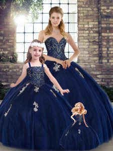 Customized Navy Blue Tulle Lace Up Sweetheart Sleeveless Floor Length Quince Ball Gowns Beading and Appliques